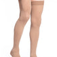 Man wearing Sigvaris Essential Cotton compression thigh-highs in the color Light Beige