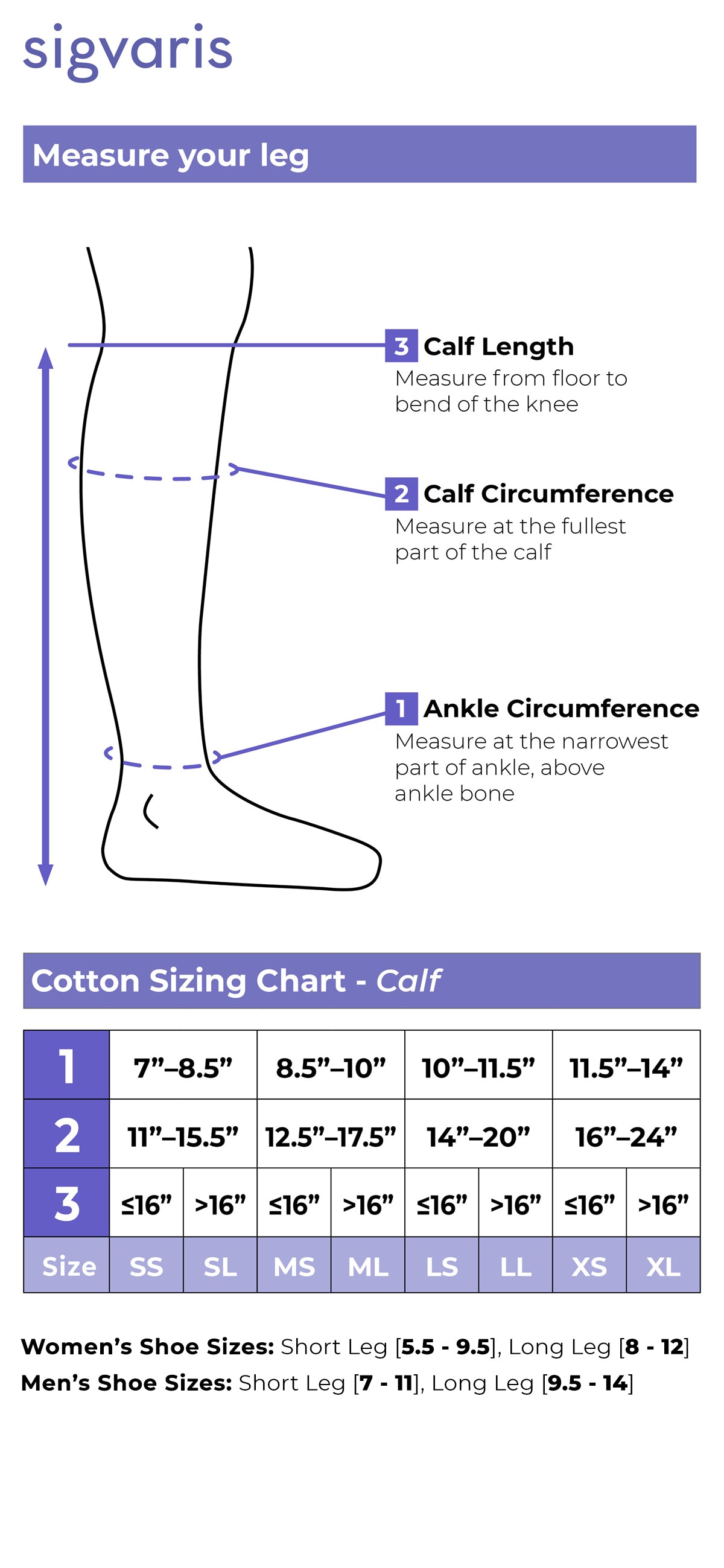 Sizing chart for Sigvaris Essential Cotton Calf compression socks