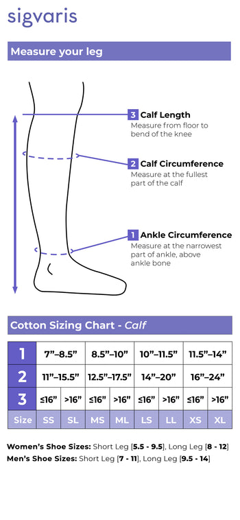 Sizing chart for Sigvaris Essential Cotton Calf compression socks