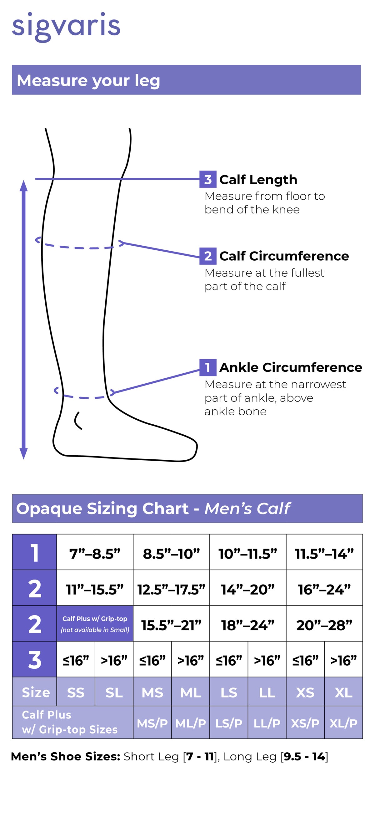 Size chart for Sigvaris Essential Opaque Men's Calf compression stockings