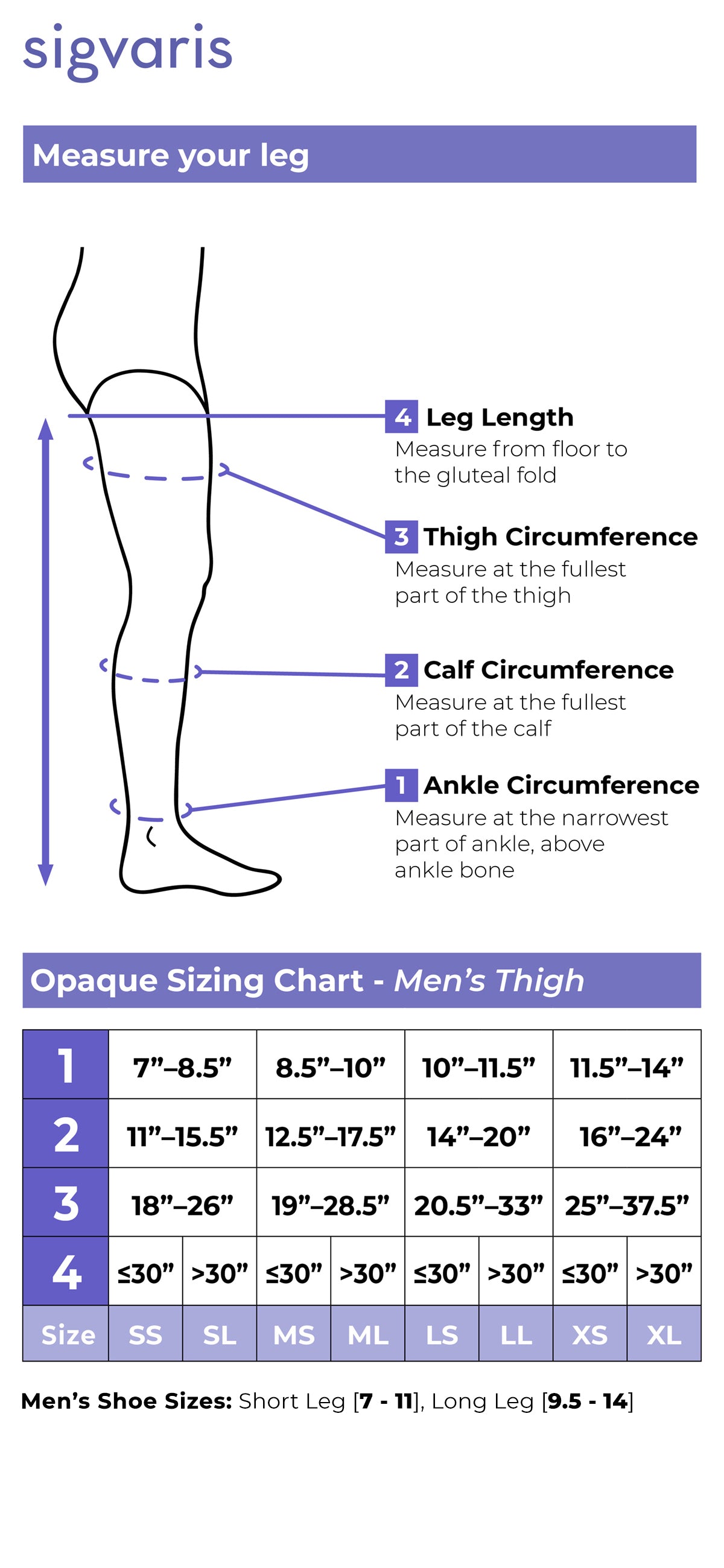 Size chart for Sigvaris Opaque Mens compression Thigh-Highs