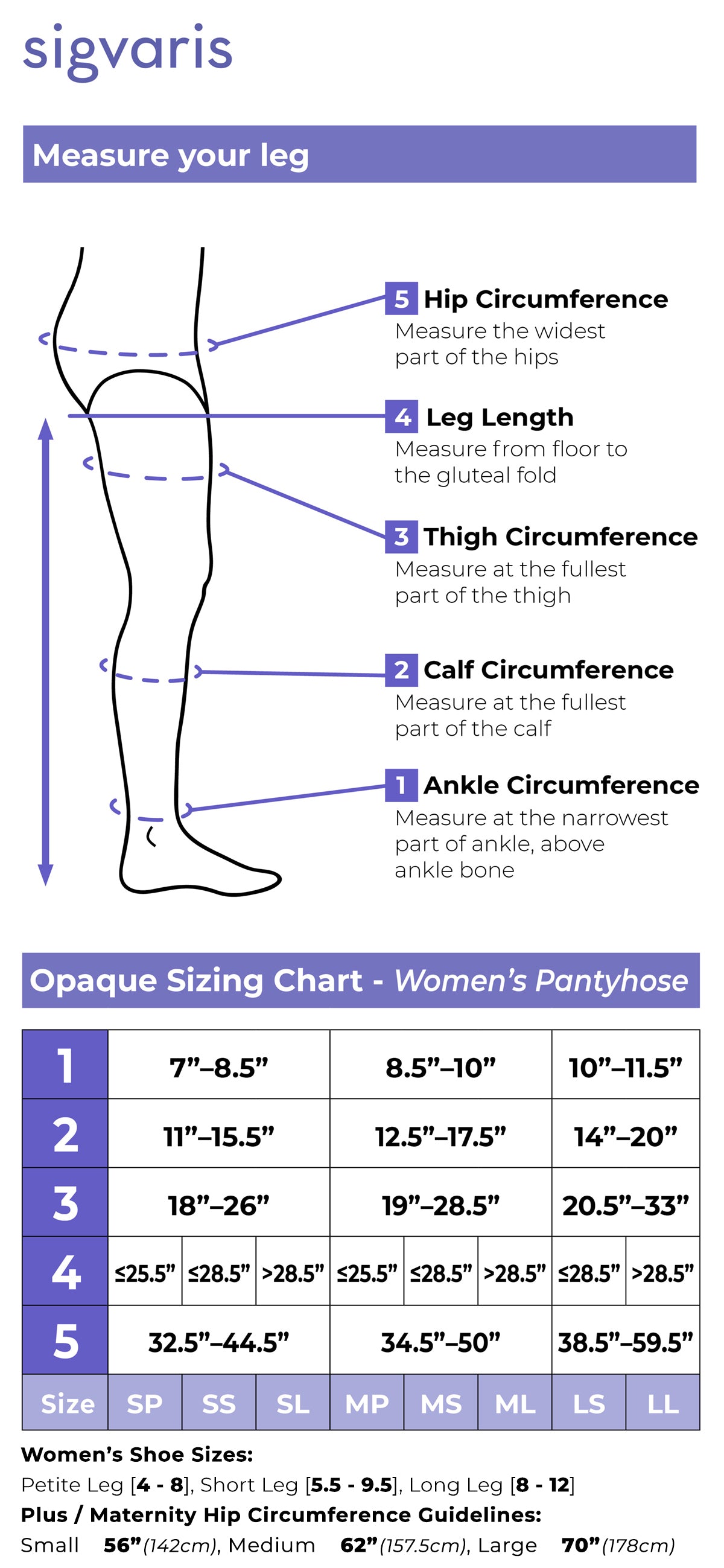 Size chart for Sigvaris Essential Opaque women's compression pantyhose