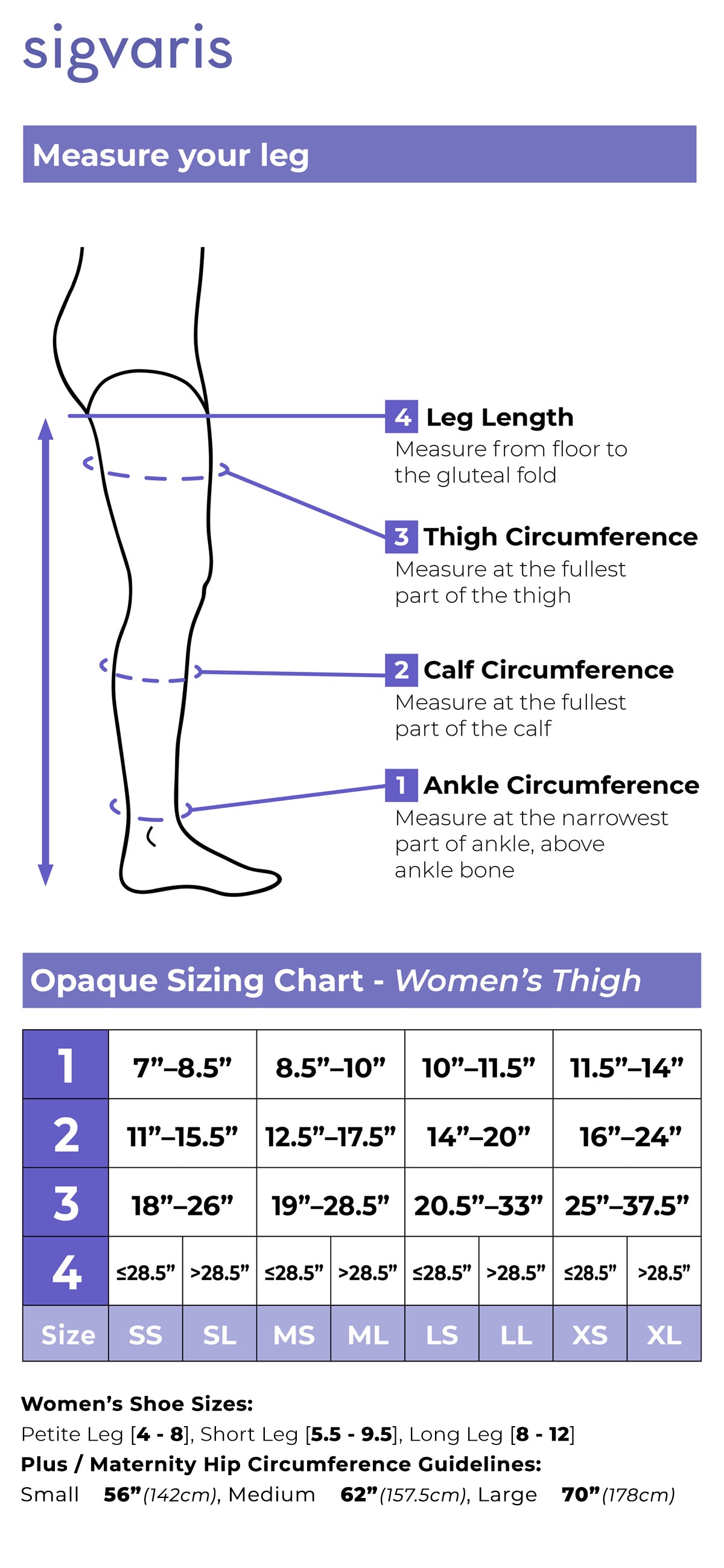 Size chart for Sigvaris Essential Opaque Women's compression thigh-highs