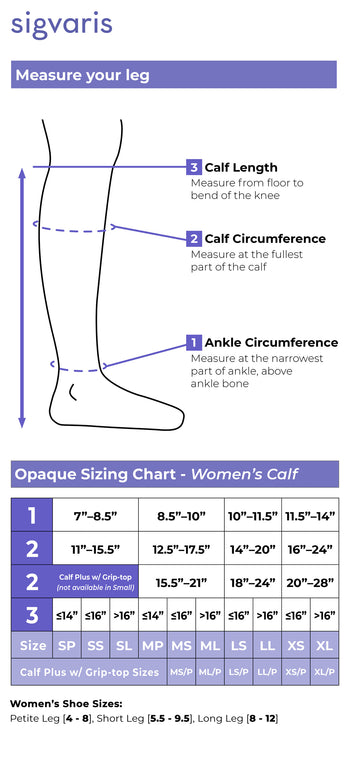 Size chart for Sigvaris Women's Essential Opaque compression knee-highs