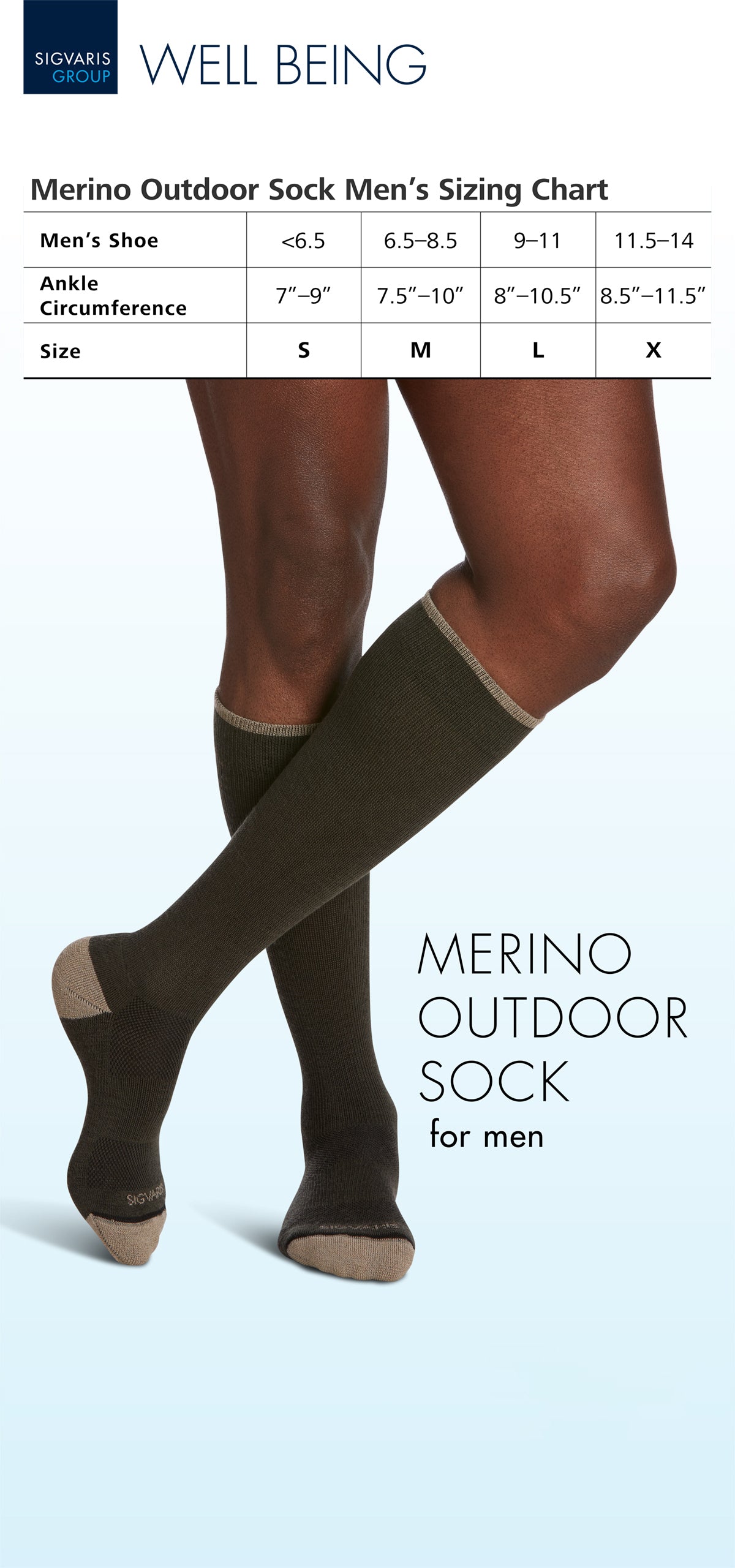 Size chart for SIGVARIS GROUP Mens Merino Outdoor compression socks