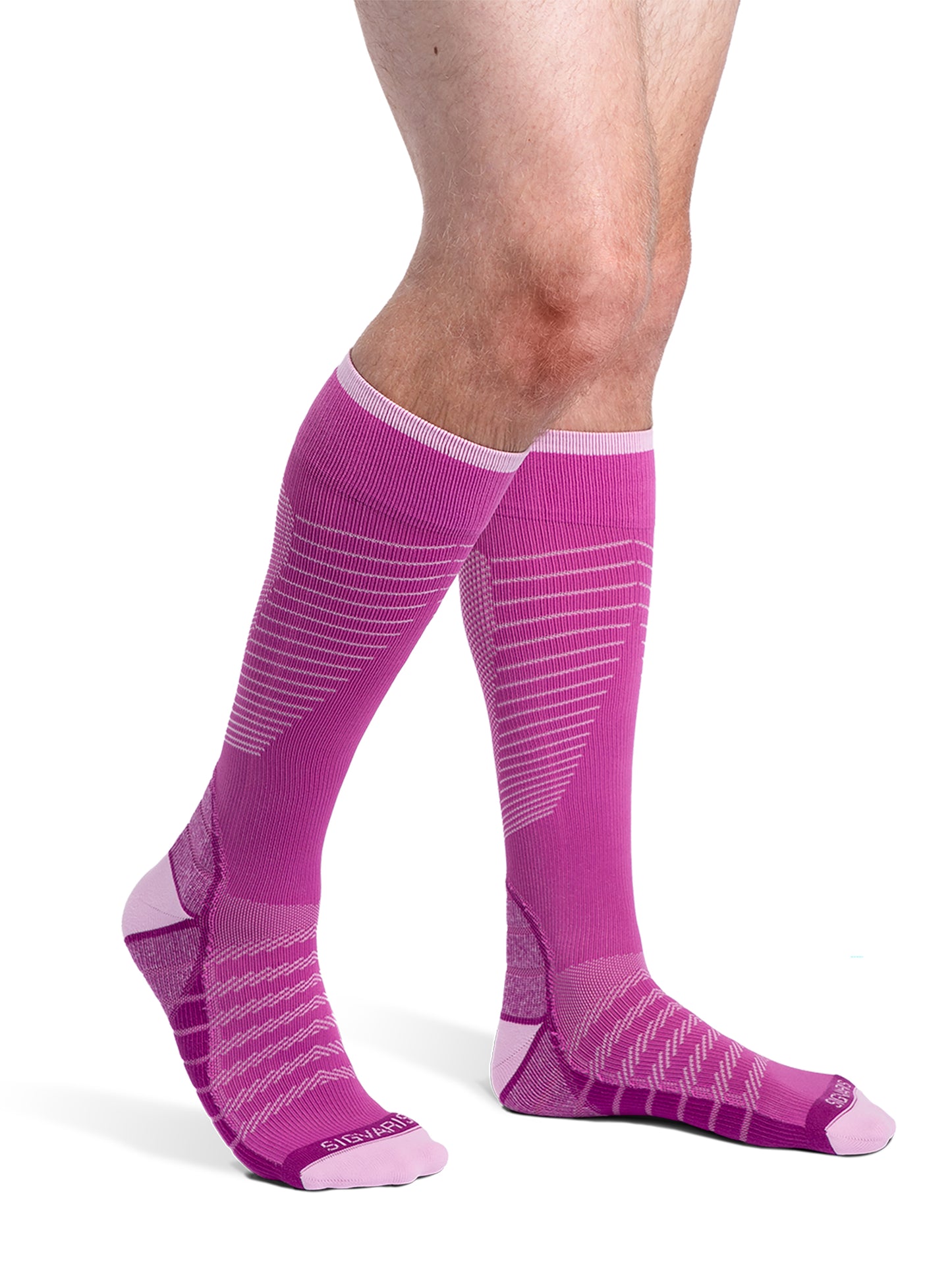 Man wearing Sigvaris Motion Flow Tech compression socks in the color Orchid