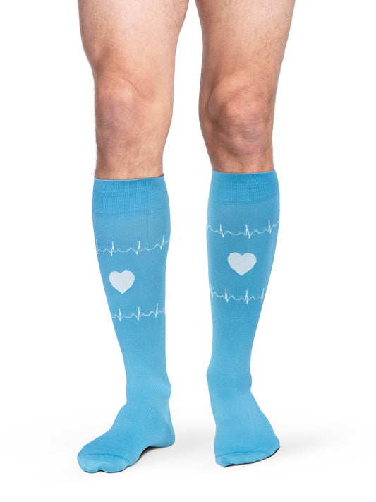 Man wearing SIGVARIS GROUP Microfiber Shades compression socks in the color Nurse Blue