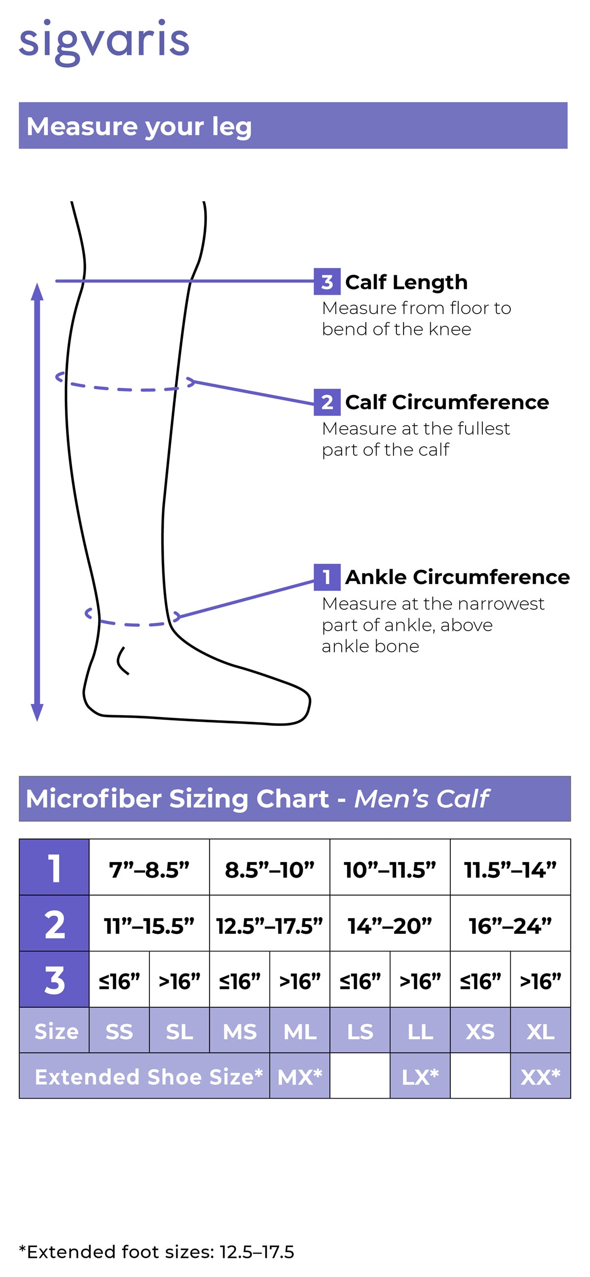 Size chart for Sigvaris Style Microfiber compression socks