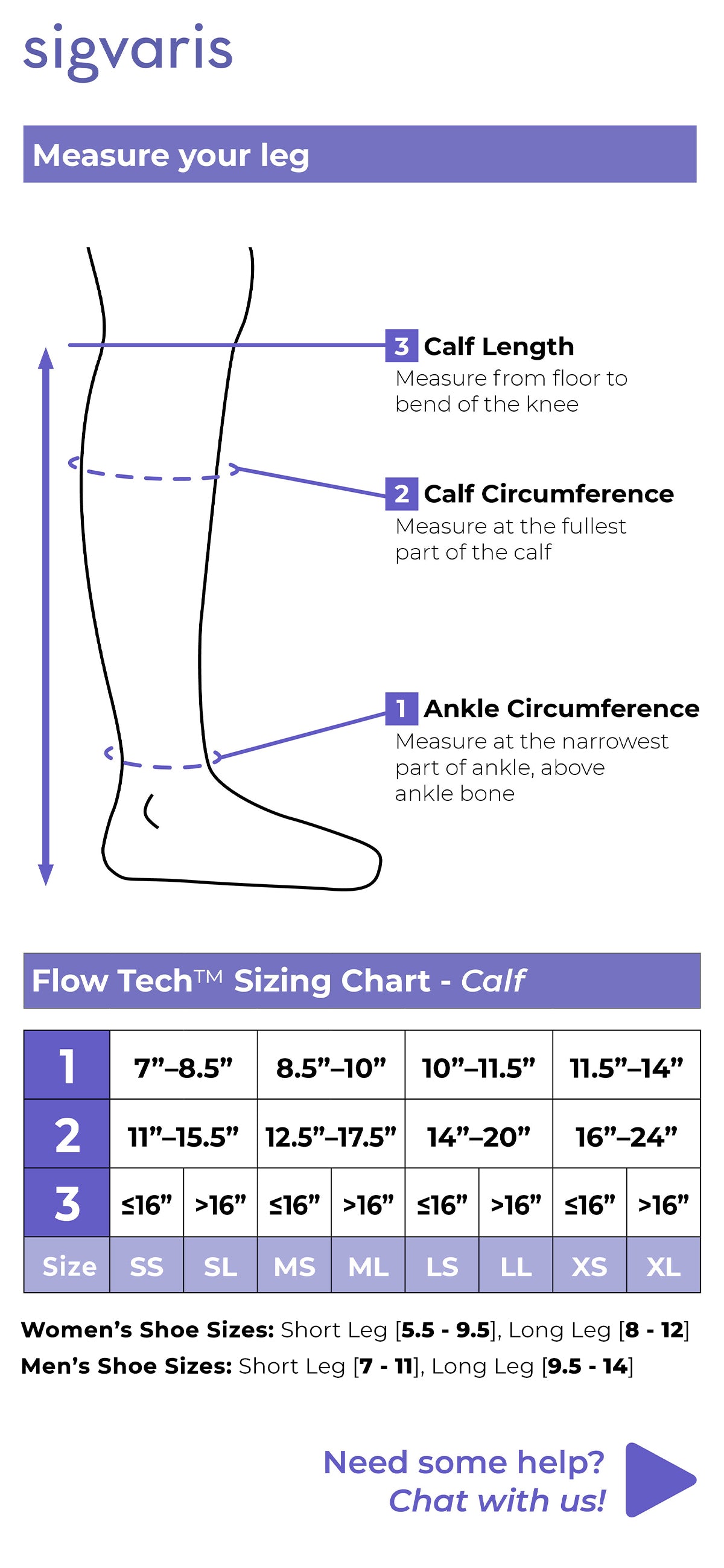 Size chart for Sigvaris Motion Flow Tech compression socks