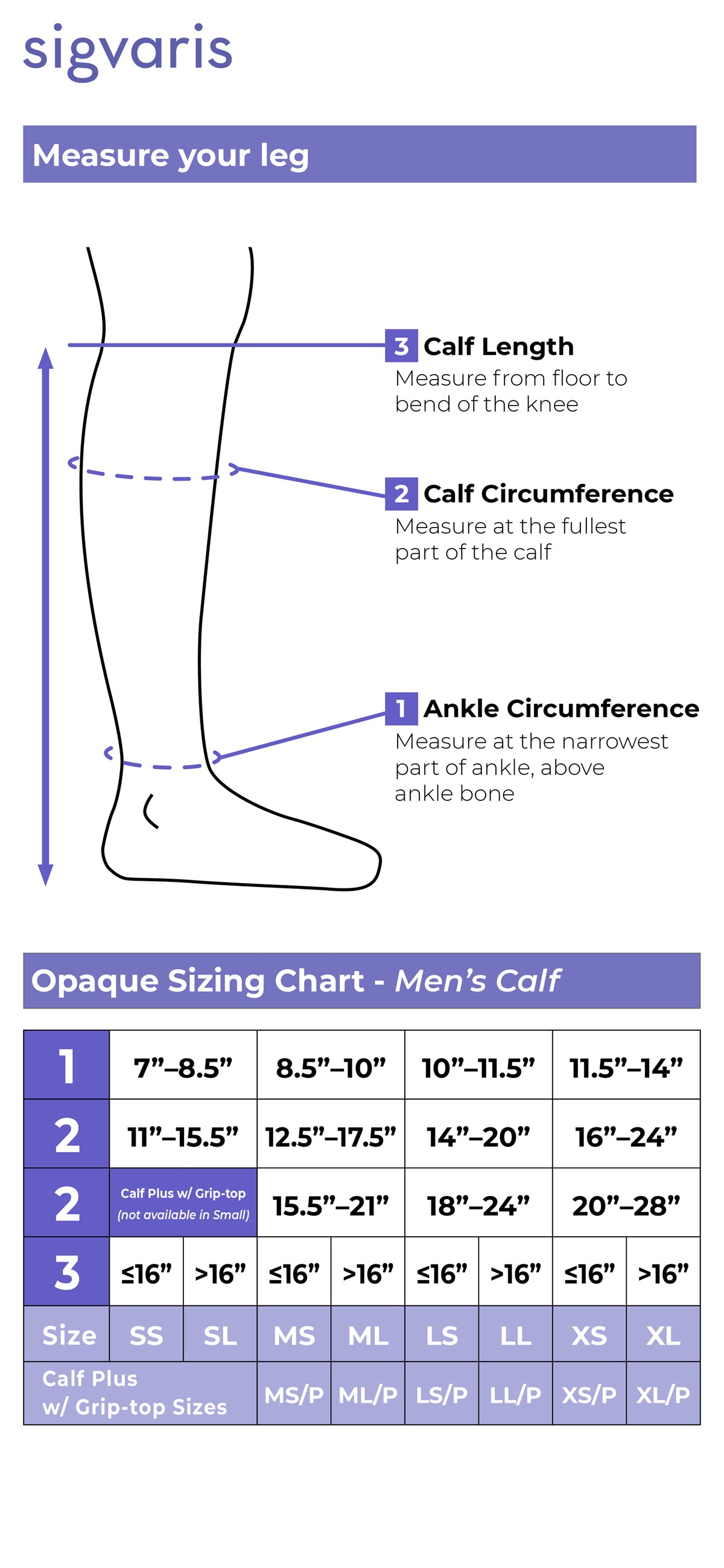 Size chart for Sigvaris Essential Opaque Men's compression socks
