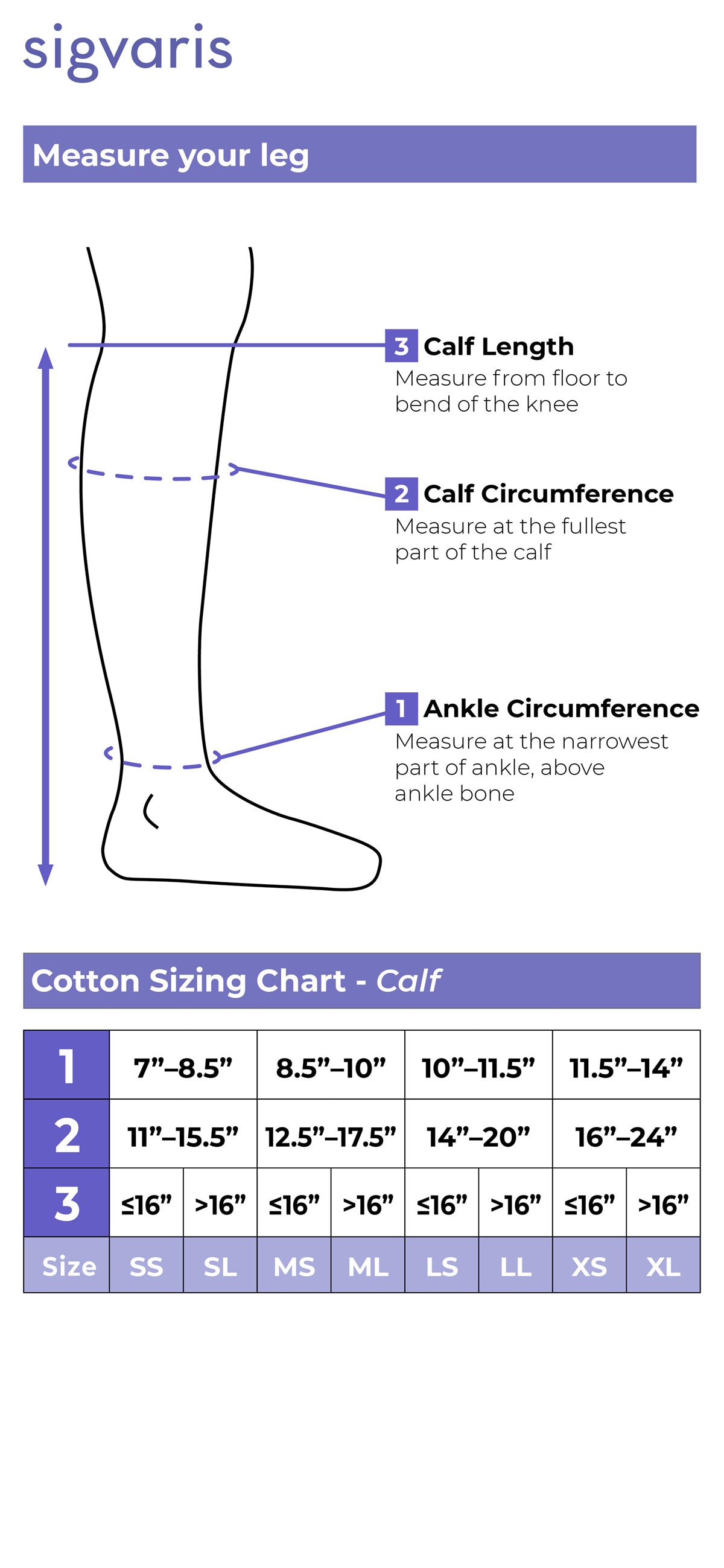 Size chart for Sigvaris Cotton compression socks and stockings