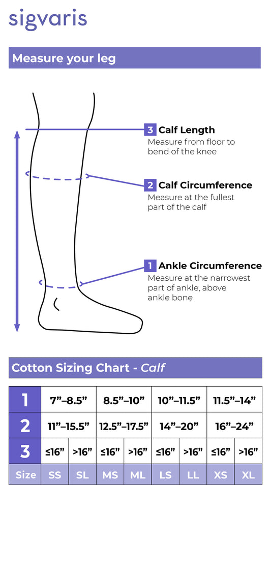 Size chart for Sigvaris Cotton compression socks and stockings