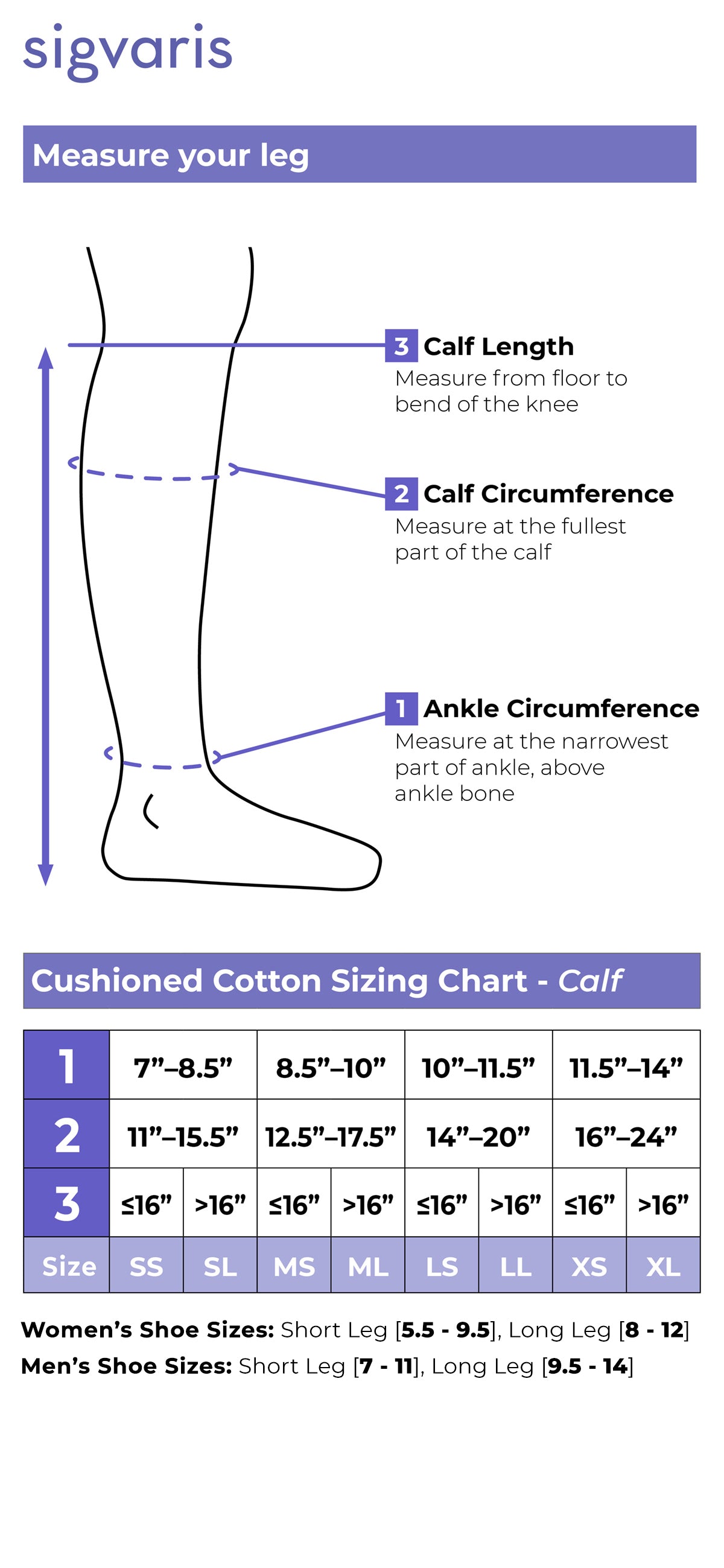 Size chart for Sigvaris Motion Cushioned Cotton compression socks