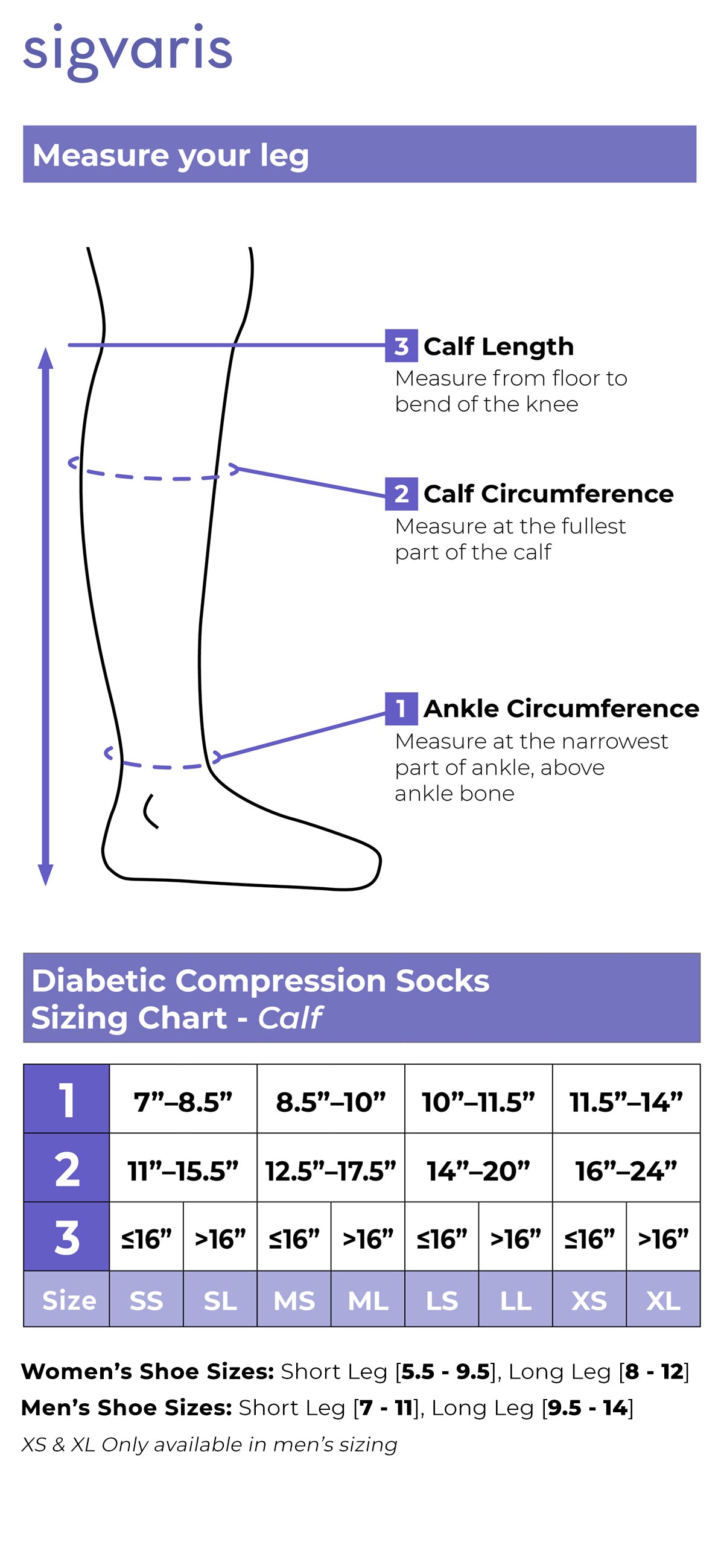 Sizing chart for Sigvaris Specialty Diabetic Compression Socks