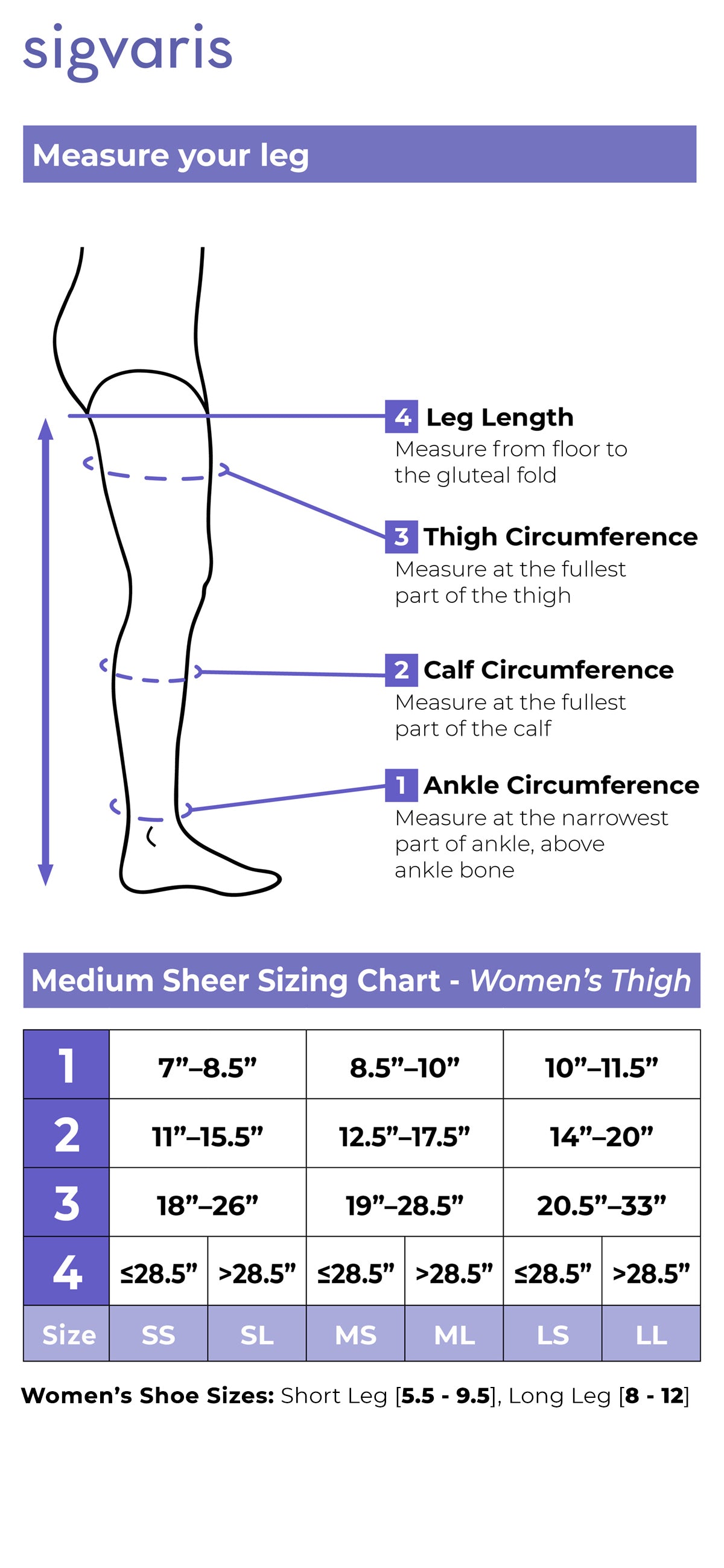 Size chart for Sigvaris Style Medium Sheer women's compression thigh-highs