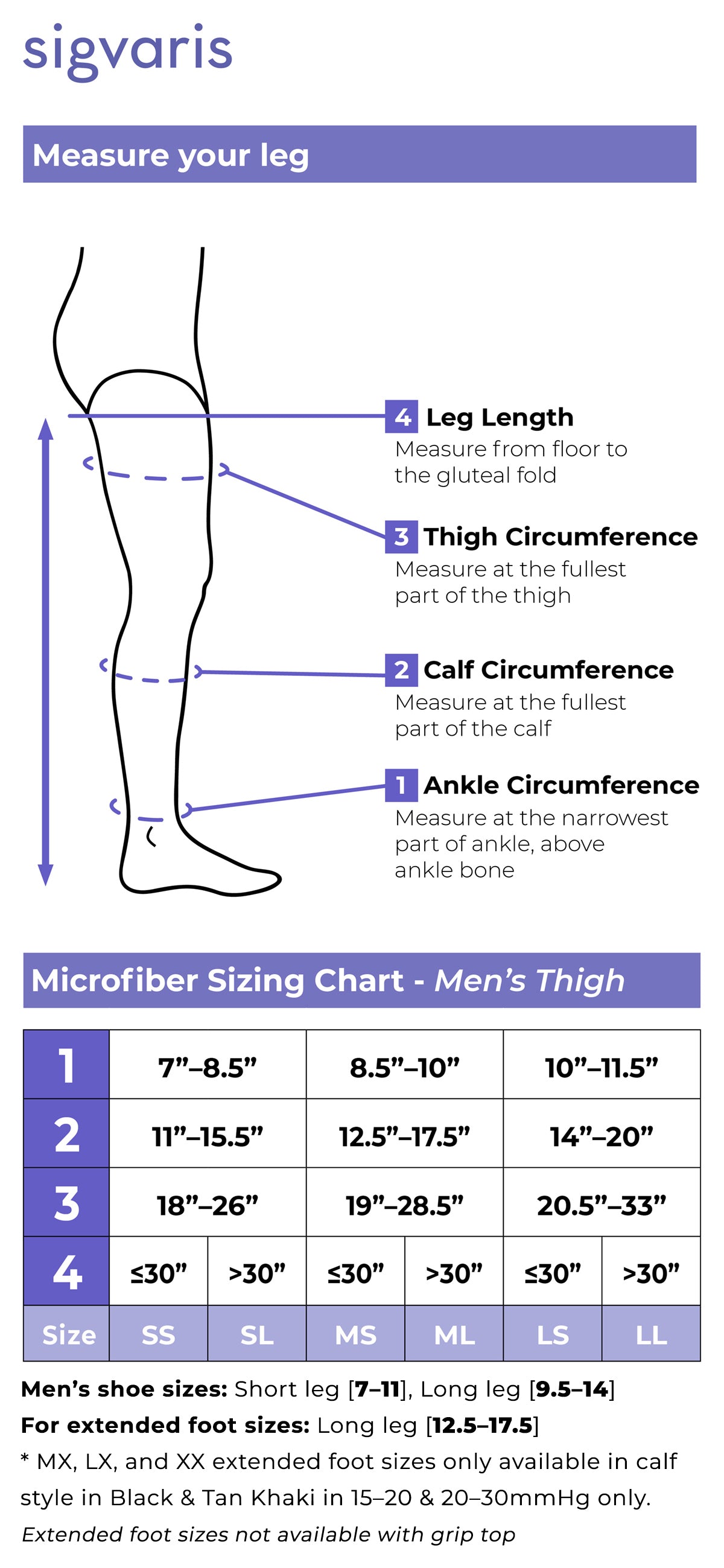 Size chart for Sigvaris Style Microfiber Men's compression thigh-highs