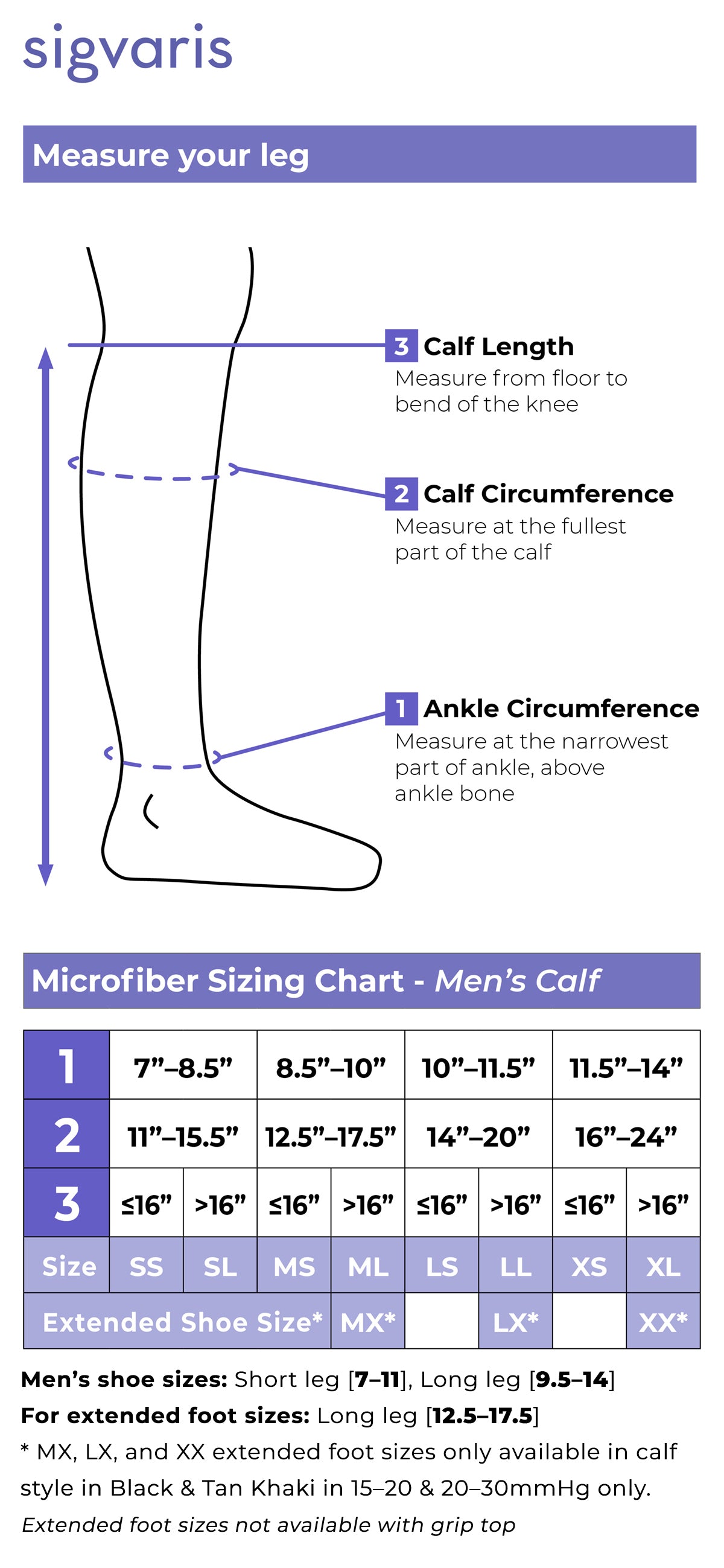 Size chart for Sigvaris Style Microfiber Men's Calf compression socks