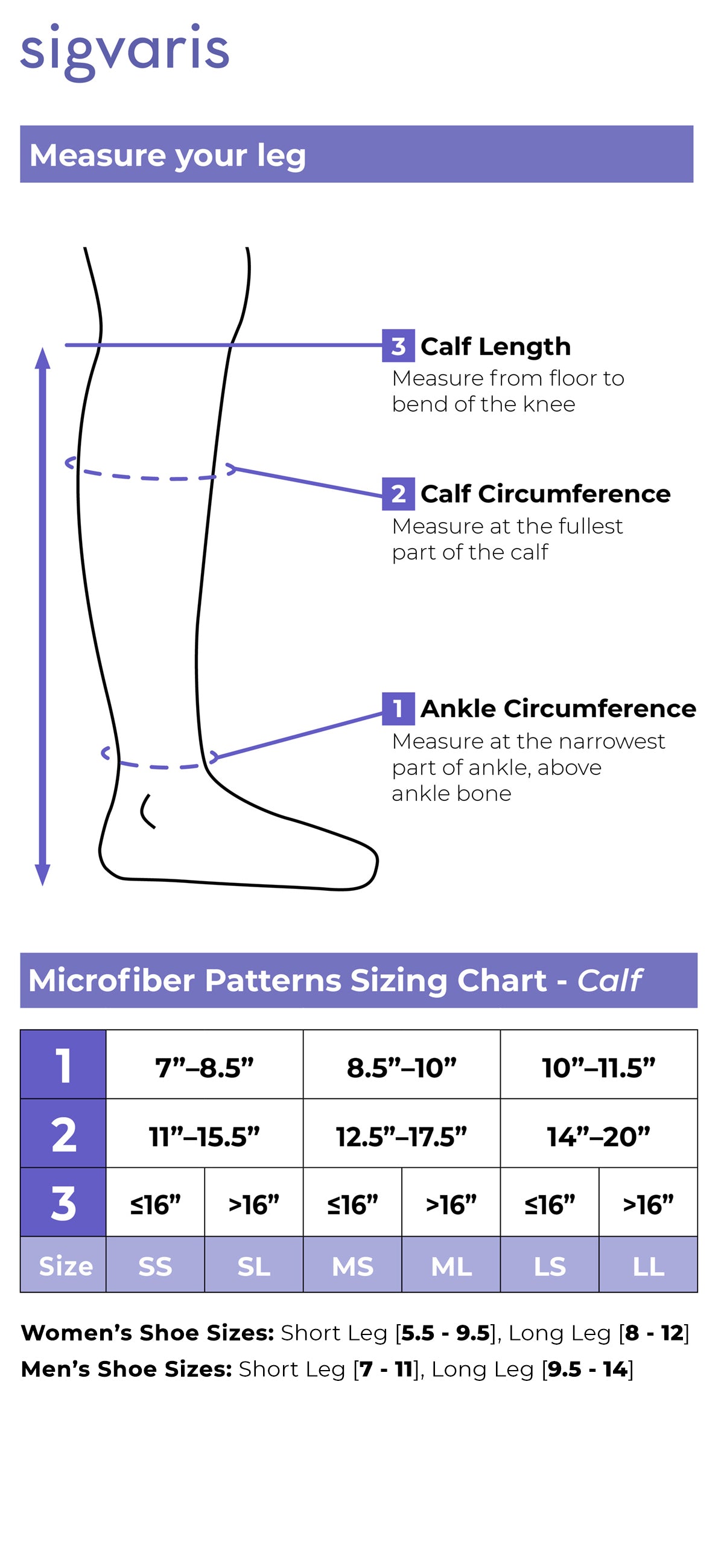 Size chart for Sigvaris Style Microfiber Patterns compression socks