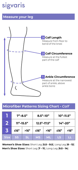 Size chart for Sigvaris Style Microfiber Patterns compression socks