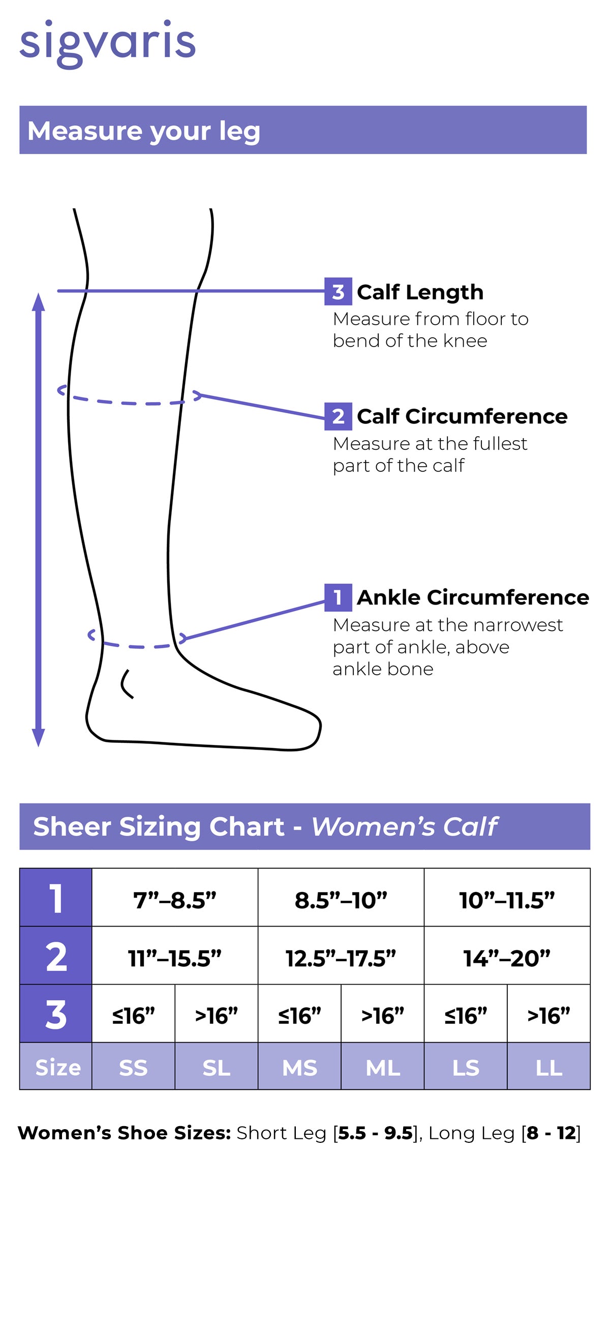 Size chart for Sigvaris Style Sheer women's compression knee-highs