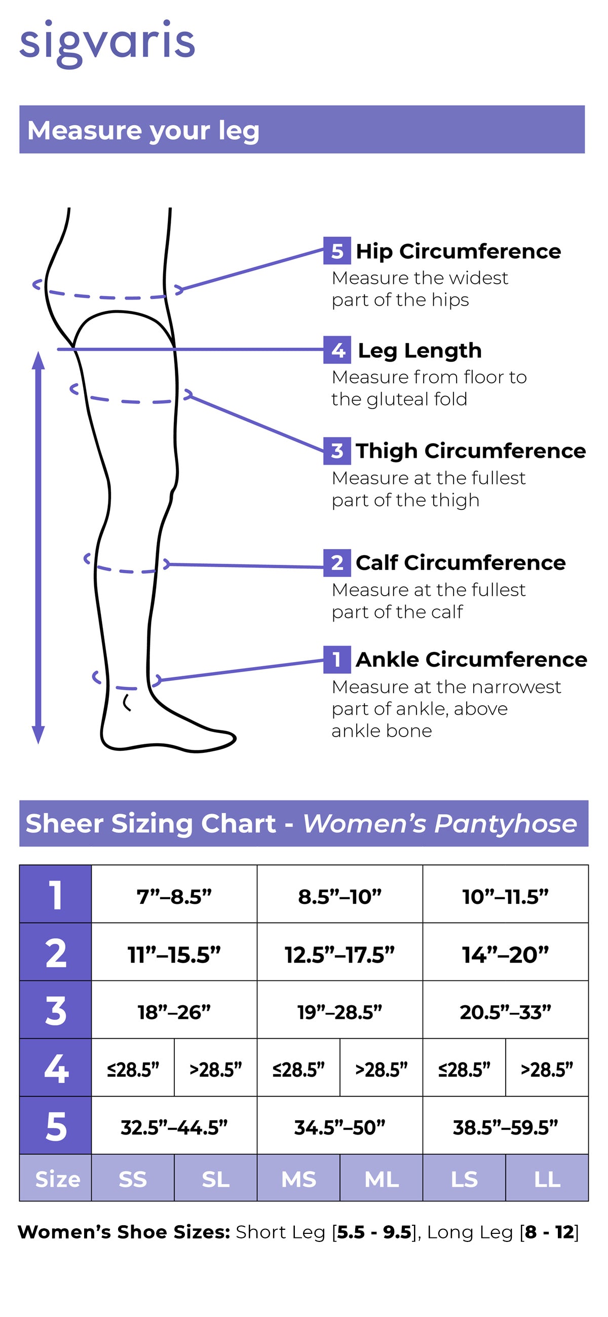 Size chart for Sigvaris Style Sheer women's compression pantyhose