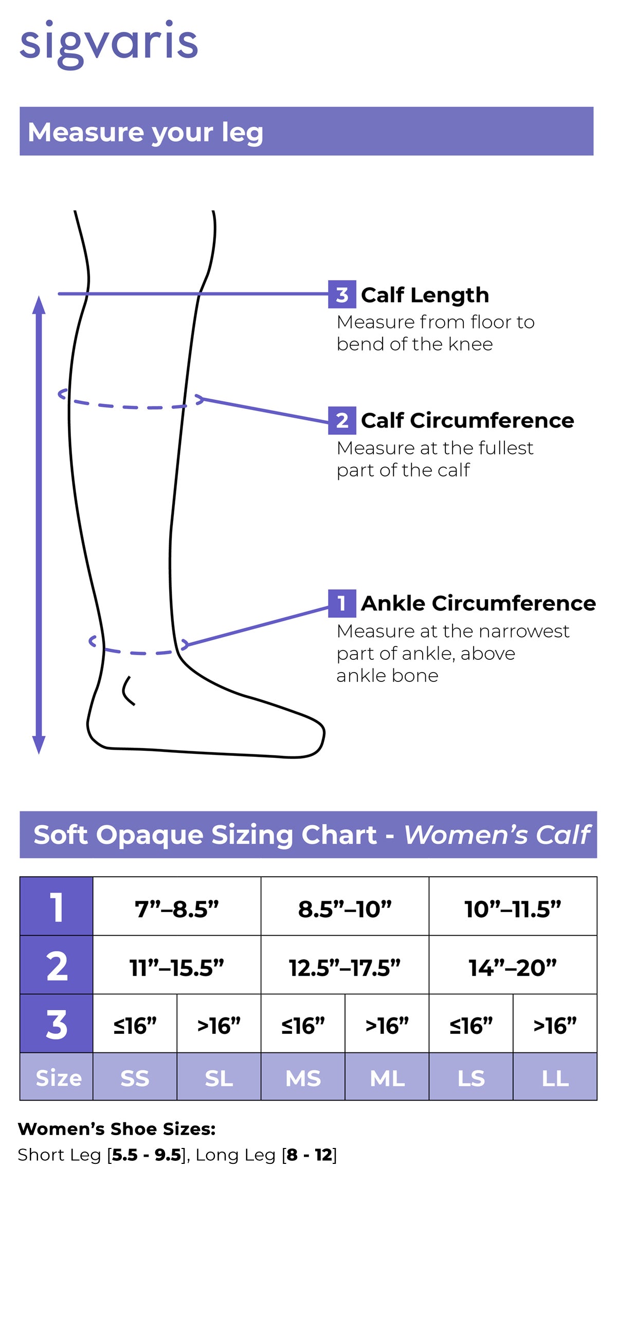 Size chart for Sigvaris Style Soft Opaque compression knee-highs