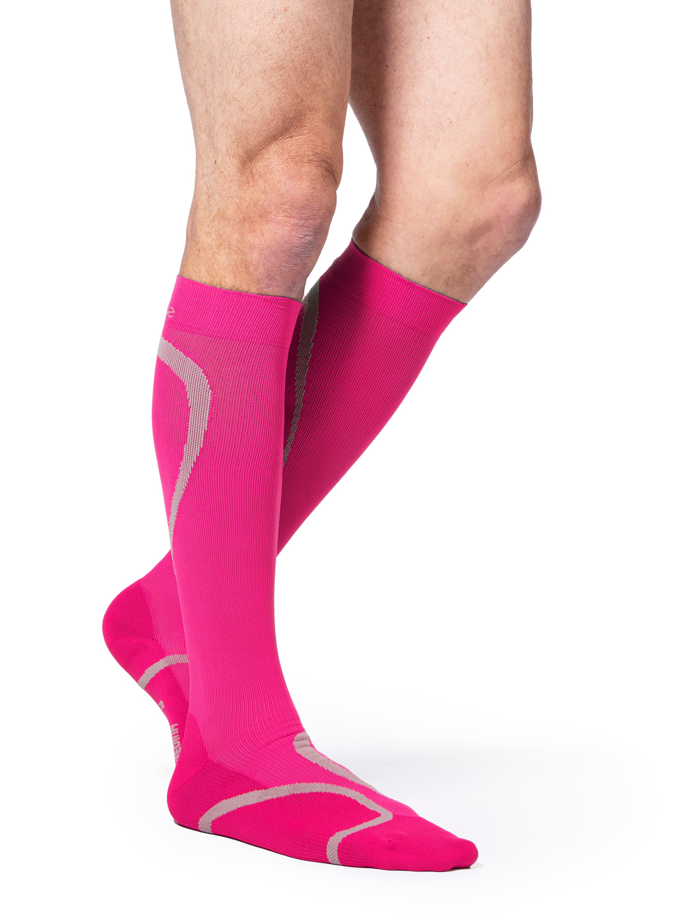 Man wearing Sigvaris Motion High Tech compression socks in the color Pink