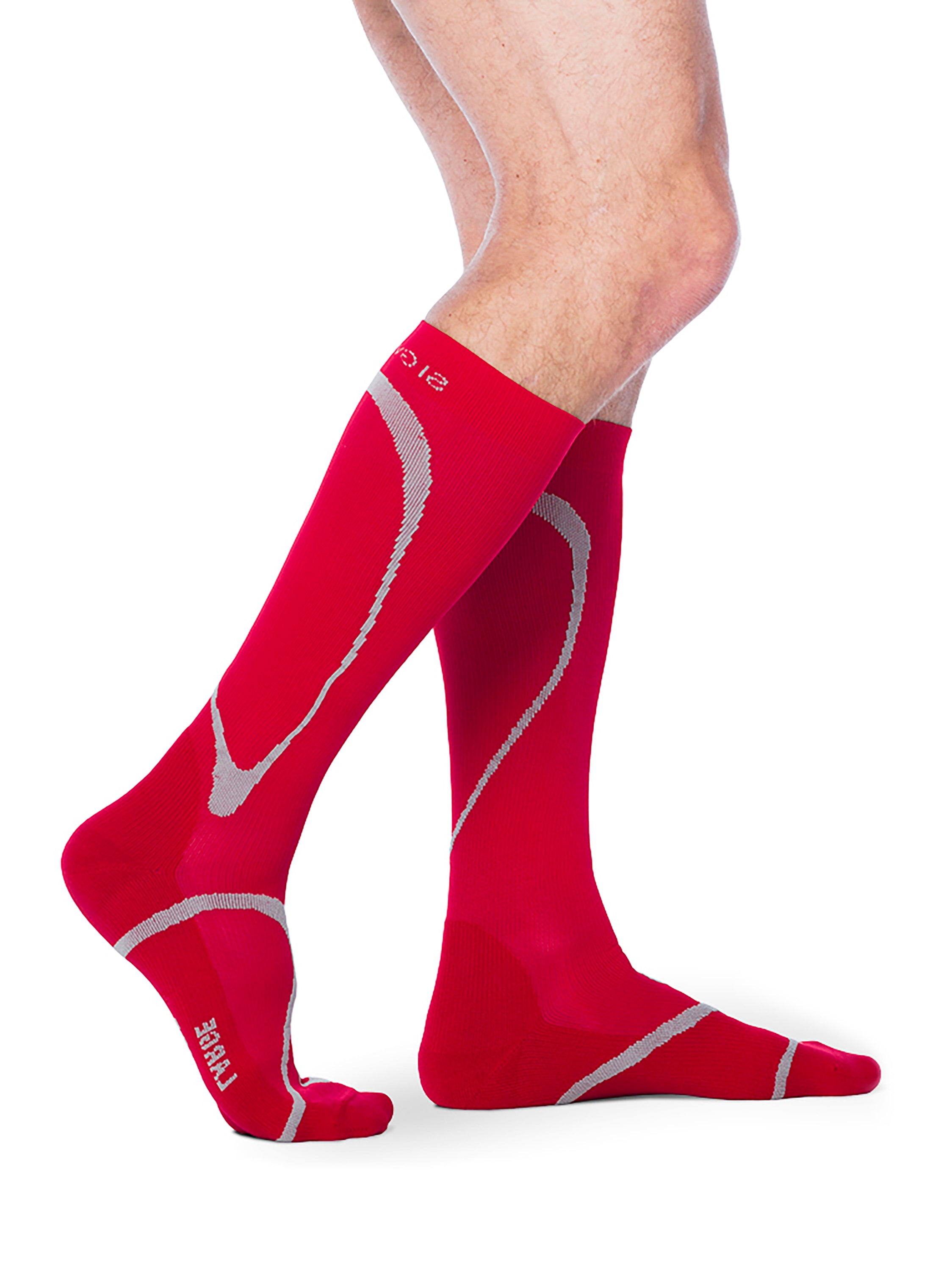 Man wearing Sigvaris Motion High Tech compression socks in the color Red